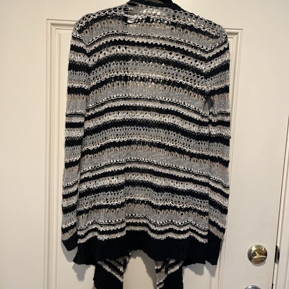 American Eagle Cardigan Sweater Women's S Crochet Open Front Black White Stripes - Picture 7 of 8